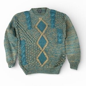 Peter England Vintage Cable Knit Sweater Teal Tan Textured Diamond Medium